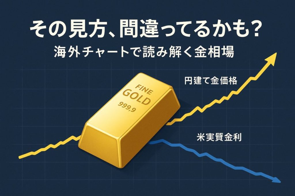 円建て金価格と米実質金利のインフォグラフィックチャート。この記事のテーマである「海外の金相場チャート」の読み方を象徴し、ドル建て価格や金利との関係性を解説する一枚。