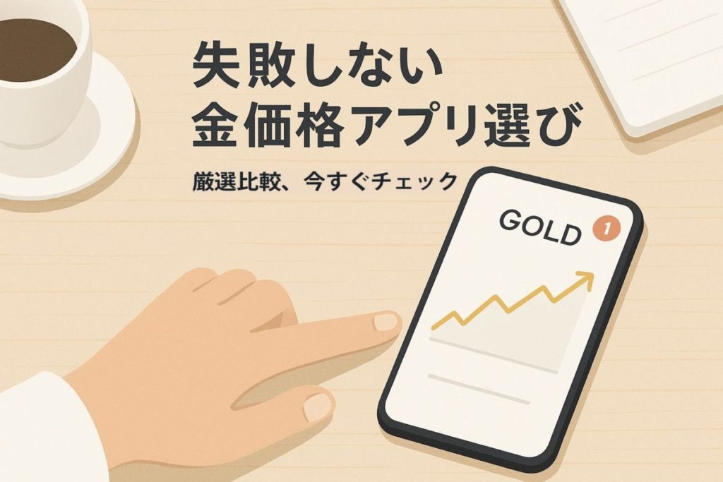 スマートフォンに表示された金価格チャートを指がタップしている画像。この記事のテーマである「金 価格 リアルタイム アプリ」の最適な選び方を提示し、読者に解決策を提供する様子を象徴する一枚。