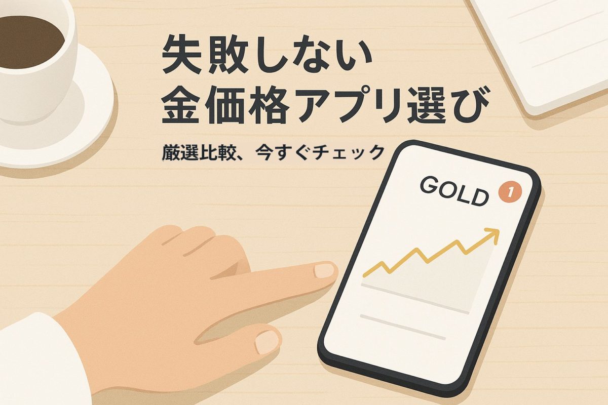スマートフォンに表示された金価格チャートを指がタップしている画像。この記事のテーマである「金 価格 リアルタイム アプリ」の最適な選び方を提示し、読者に解決策を提供する様子を象徴する一枚。