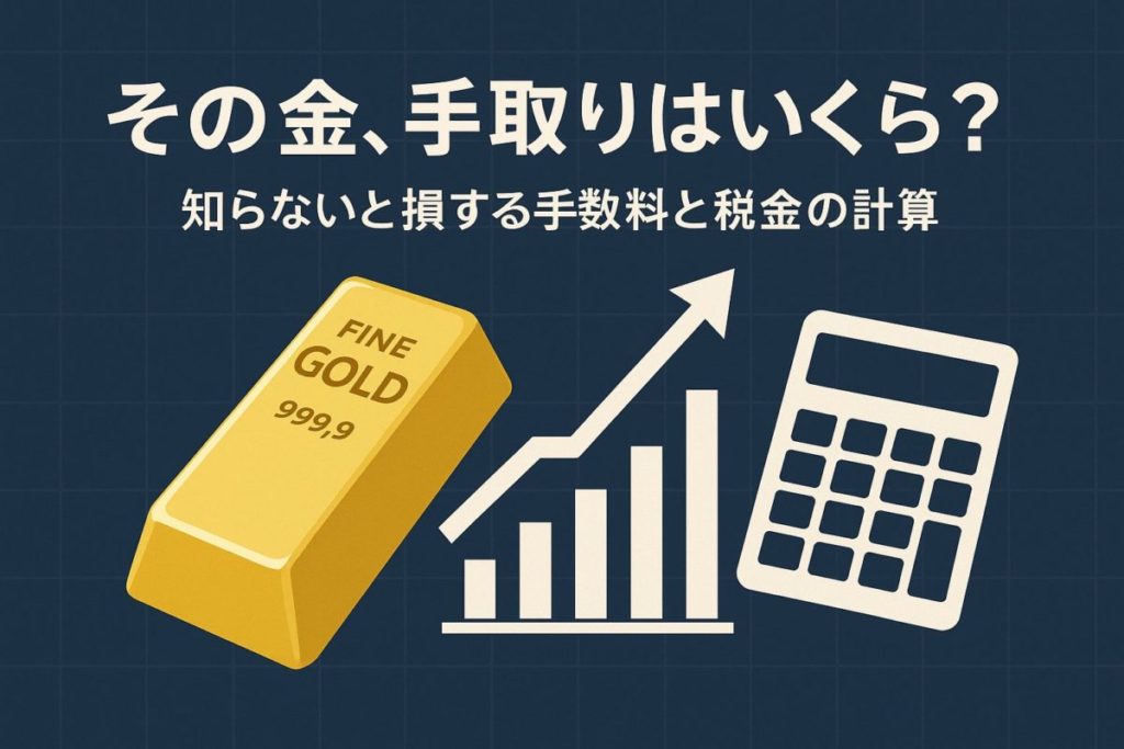 金相場のグラフと電卓が描かれた背景に「手取りはいくら？」と書かれた画像。この記事のテーマである「金 相場 グラム いくら」の手取り計算の重要性を象徴する一枚。