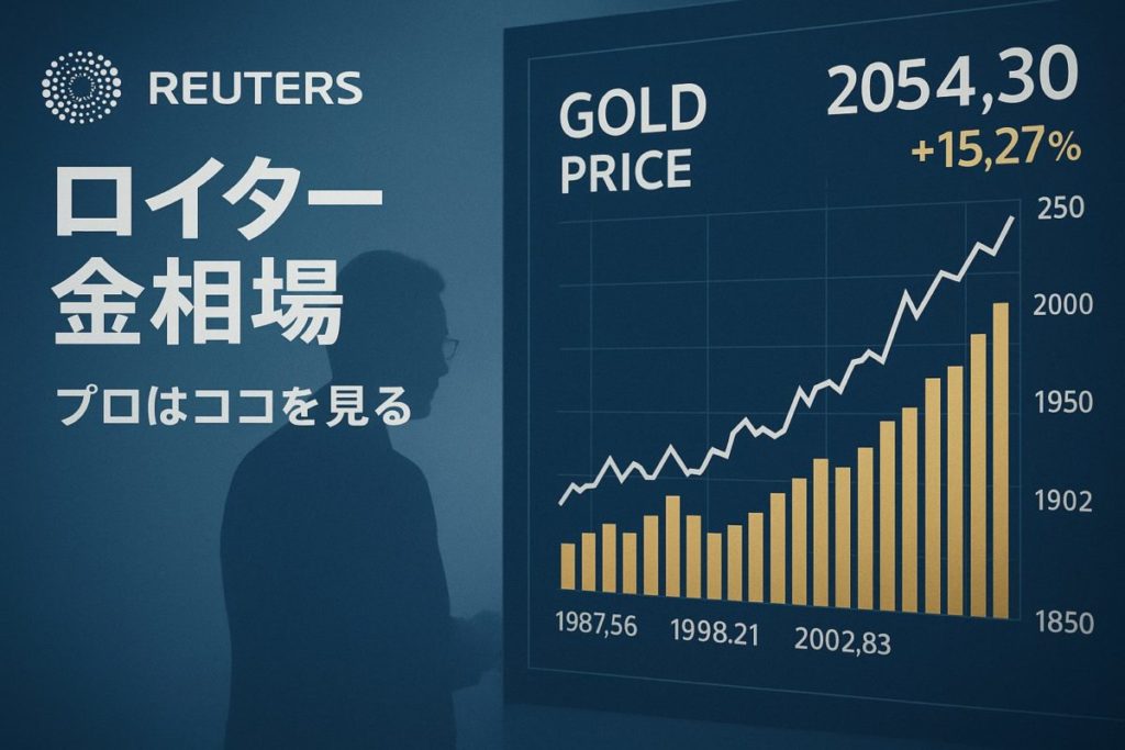 金相場チャートとロイターニュース画面を背景に、アナリストのシルエットが浮かび上がるデータビジュアライゼーション。この記事のテーマである「ロイター 金 相場」のニュースから市場動向を読み解く専門的な分析方法を象徴する一枚。