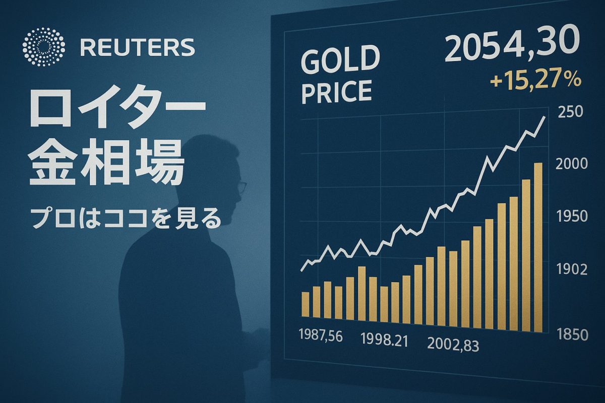 金相場チャートとロイターニュース画面を背景に、アナリストのシルエットが浮かび上がるデータビジュアライゼーション。この記事のテーマである「ロイター 金 相場」のニュースから市場動向を読み解く専門的な分析方法を象徴する一枚。