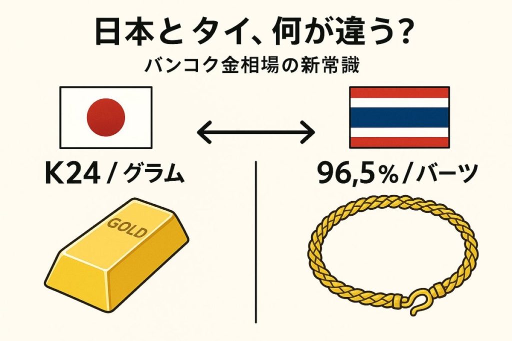 日本とタイの国旗を背景に、それぞれの金製品の規格を比較するインフォグラフィック。この記事のテーマである「バンコク 金 相場」と日本の金市場の違いを視覚的に解説する一枚。