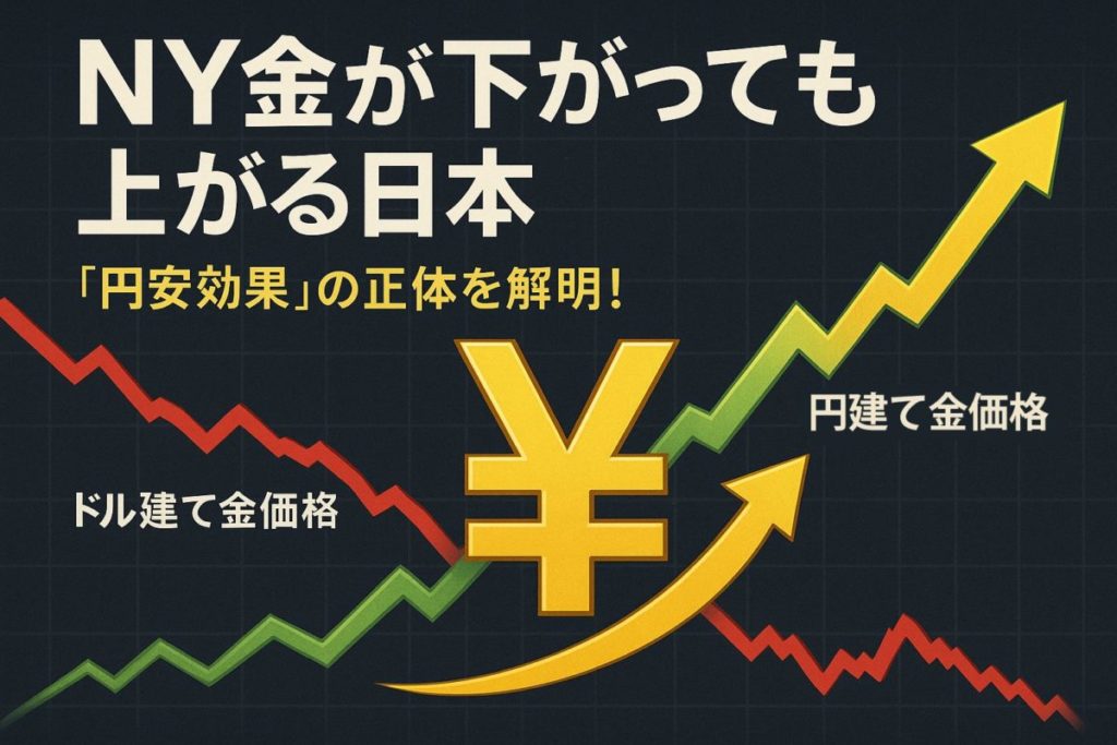 ドル建て金価格と円建て金価格が逆方向に動くグラフのイラスト。「金 相場 トロイオンス」と為替の関連性、特に円安効果による価格逆転現象を解説するこの記事の内容を象徴する一枚。