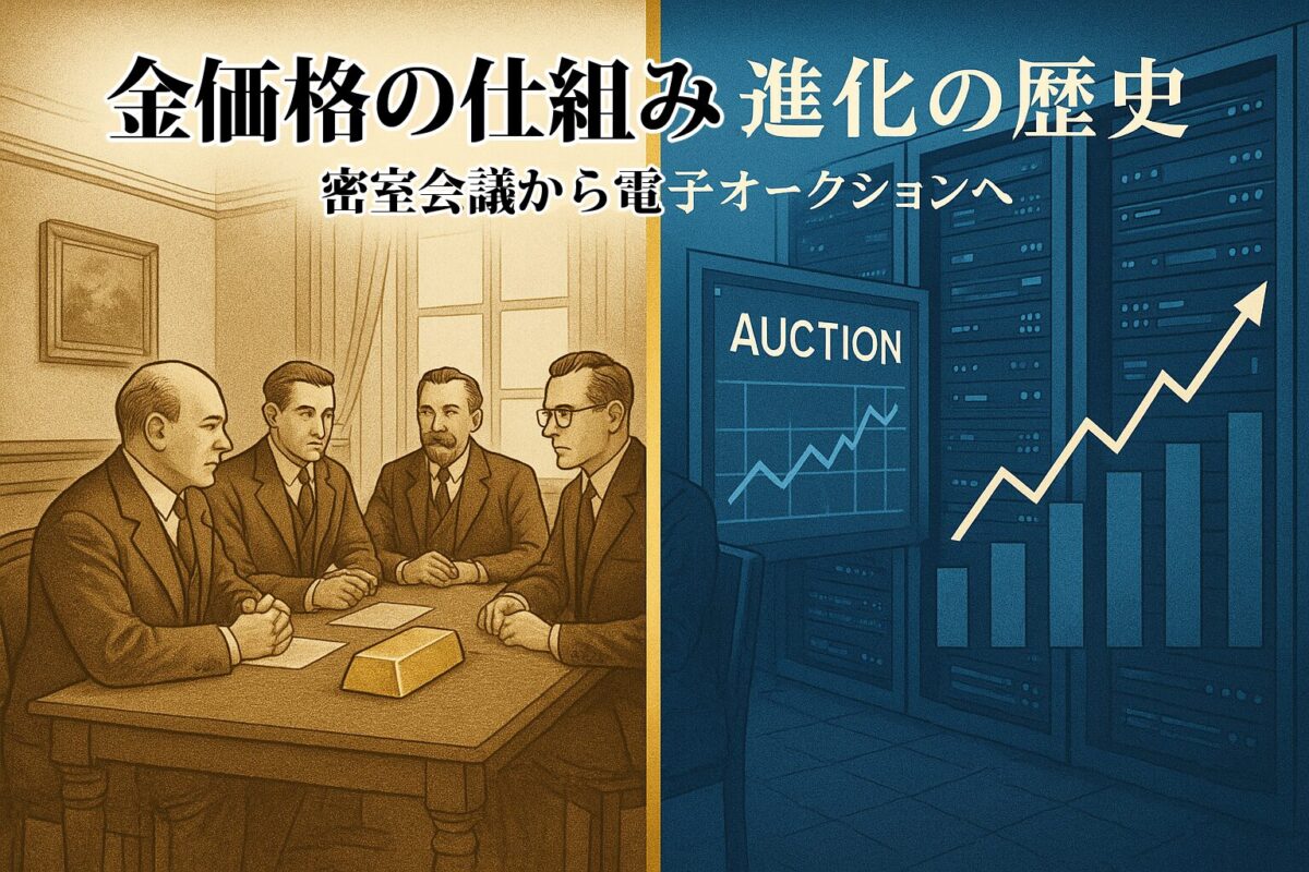 古い会議室と現代的なサーバーが対比された画像。この記事のテーマである「ロンドン金価格 仕組み」が、歴史を経て現代的な電子オークションに進化したことを象徴する一枚。