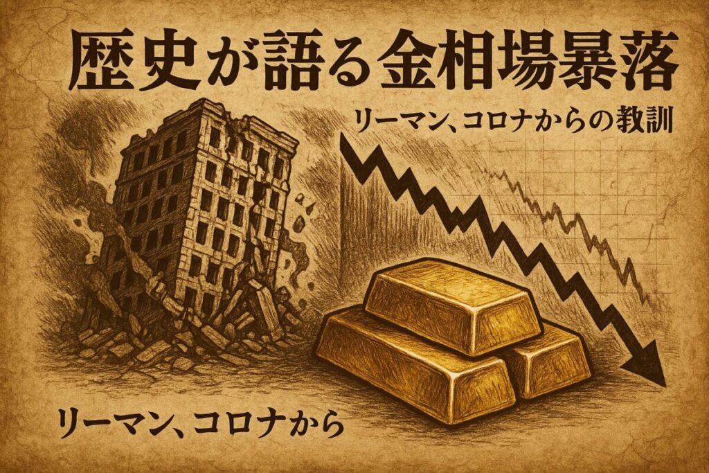 過去の金融危機を象徴する崩壊するビルと、その下に安定した金塊が描かれたイラスト。この記事のテーマである「金 相場 暴落 過去」から学ぶ歴史的教訓とリスク管理の重要性を示す一枚。
