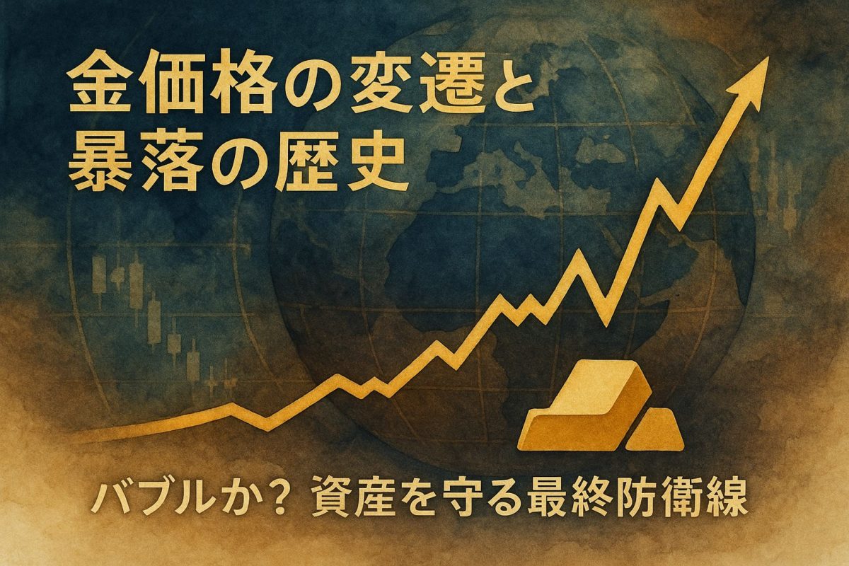 過去から現在へと続く金価格の推移を抽象的に描いた水彩画風イラスト。この記事のテーマである「金 価格 変遷」を象徴する一枚。