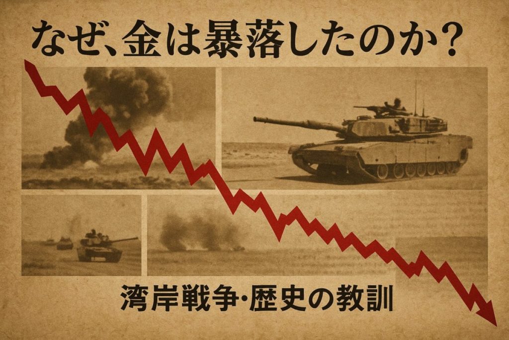 湾岸戦争時のニュース映像のコラージュと、急落する金価格のグラフ。この記事のテーマである「湾岸戦争の金価格」が、通説とは異なり暴落した歴史的事実を解説する一枚。