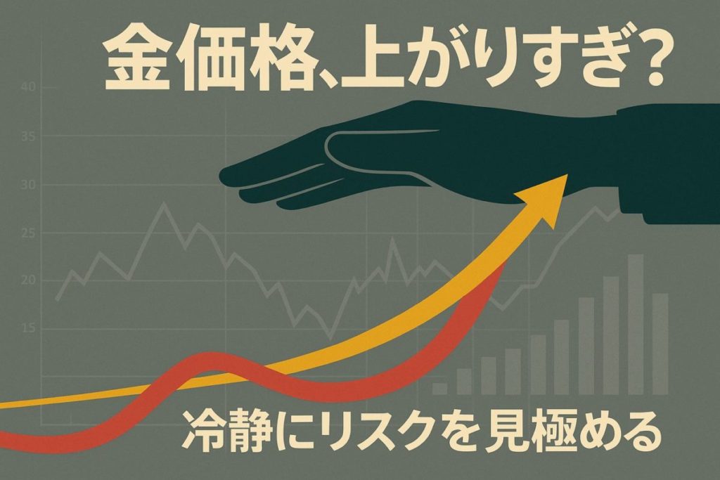 急上昇する金価格チャートを穏やかに抑制する手のシルエットのグラフィック。この記事のテーマである「金 価格 上がり すぎ なぜ」という不安に対し、冷静な視点とリスク管理を象徴する一枚。