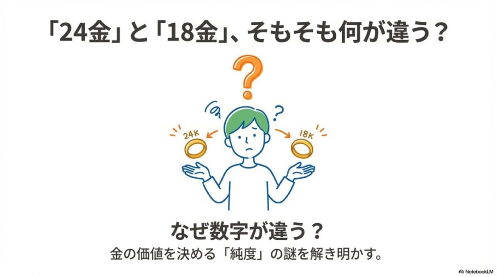 「1. 金の純度を表す2つの単位「カラット(K)」と「千分率」の違いとは？」をテーマにした挿絵。伝統的な「24分率（K）」と、精密な国際基準である「1000分率（千分率）」の2つの目盛りを比較した図解。