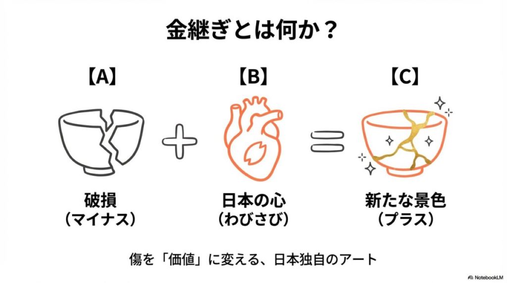 漆で接着された陶磁器の破片が、金粉のラインで美しく装飾され、「不完全の美」を象徴している様子。