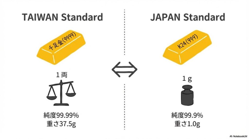 「台湾の金は純度が違う？「千足金（9999）」と「両」の意味を徹底解説」をテーマにした挿絵。台湾の最高純度を示す「9999（千足金）」の刻印と、伝統的な重量単位である「1両＝37.5g」を、日本のK24やグラム単位と比較して視覚化した図解。