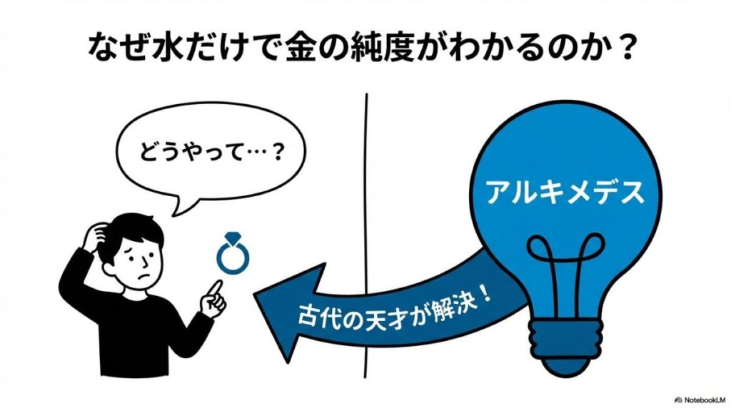 「なぜ水だけで金の純度がわかるのか？アルキメデスの原理を解説」をテーマにした挿絵。古代ギリシャの科学者アルキメデスが、水槽に沈めた王冠と金の塊の体積を比較し、浮力の法則（アルキメデスの原理）を発見した歴史的なエピソードを象徴する図。