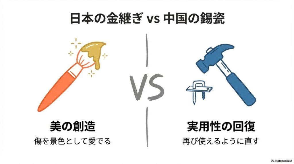 割れた陶磁器のひび割れ部分に、コの字形や蝶形の金属製の鋦釘（リベット）が打ち込まれ、物理的に接合され強度を回復している中国の锔瓷（きょし）の修復跡。