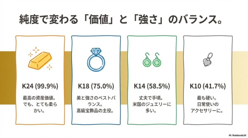 「K24（純金）とK18はどう違う？純度ごとの特徴と用途を徹底比較」をテーマにした挿絵。非常に柔らかく投資に適したインゴット（K24）と、耐久性があり宝飾品としてポピュラーなネックレス（K18）の対比。