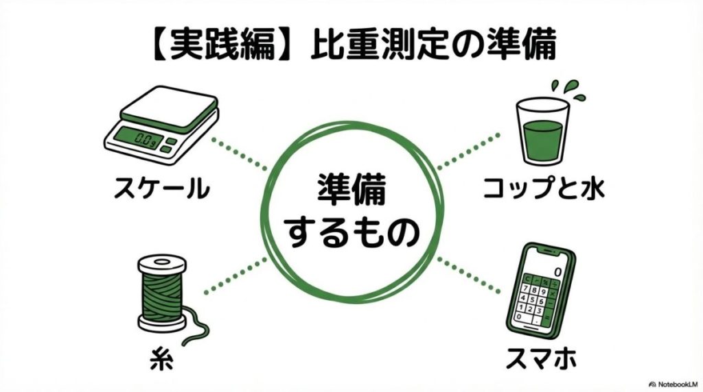 「【実践編】自宅でできる比重測定の手順｜用意するものと具体的なステップ」をテーマにした挿絵。電子天秤、水が入ったコップ、金製品を吊るすための細い糸など、家庭での比重測定に必要な道具一式と、実際に製品を水中に沈めて測定している様子を段階的に示したガイド図。
