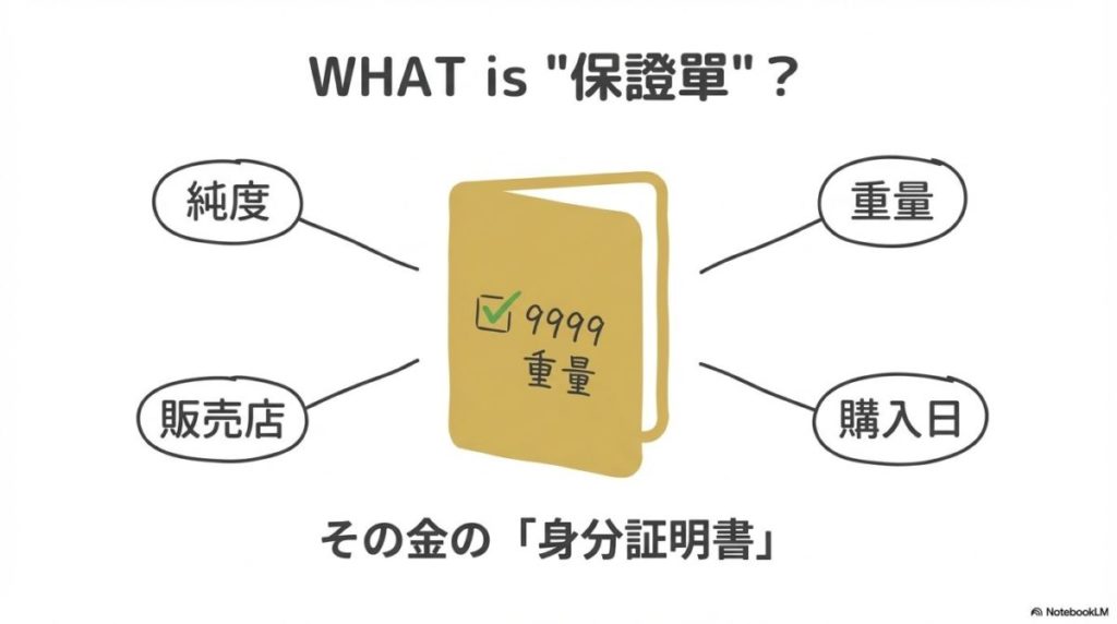 「その金、信頼できる？「保證單（保証書）」と発行体の重要性」をテーマにした挿絵。台湾中央造幣廠が発行する信頼性の高い金バーと、店名・純度・重量が明記された「保證單（保証書）」が並び、資産としての正当性を証明しているイメージ。