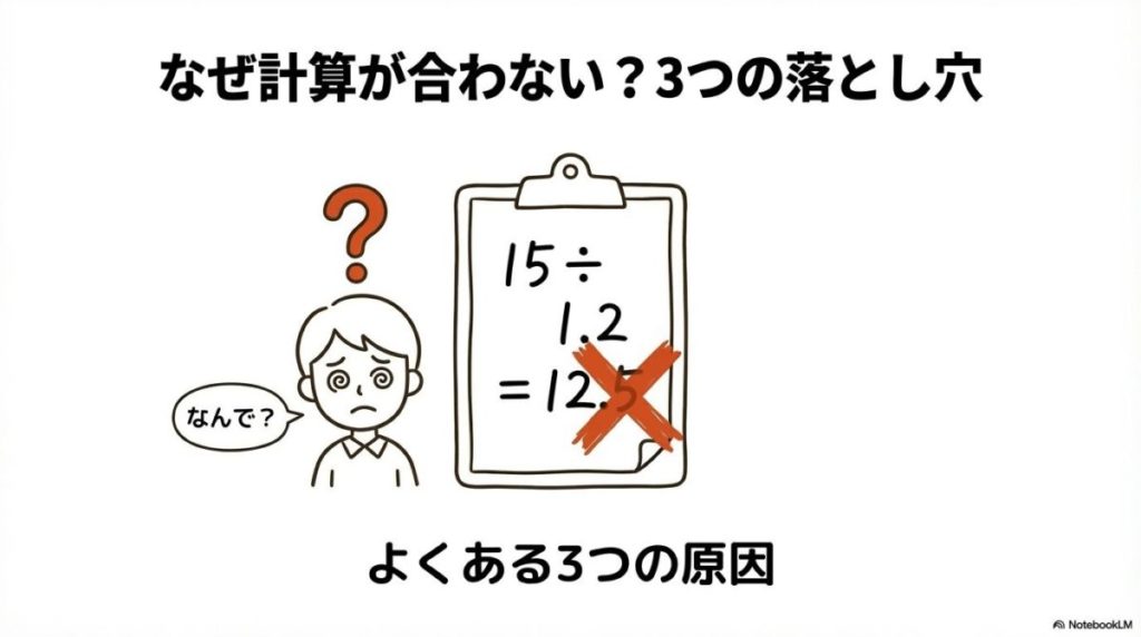 「なぜ計算が合わない？測定結果に誤差を生む「3つの落とし穴」」をテーマにした挿絵。水の表面張力、製品に付着した微小な気泡、そして外見からは判別できない「中空構造（ホロー）」など、比重の計算結果を狂わせる主な要因を視覚化したインフォグラフィック。