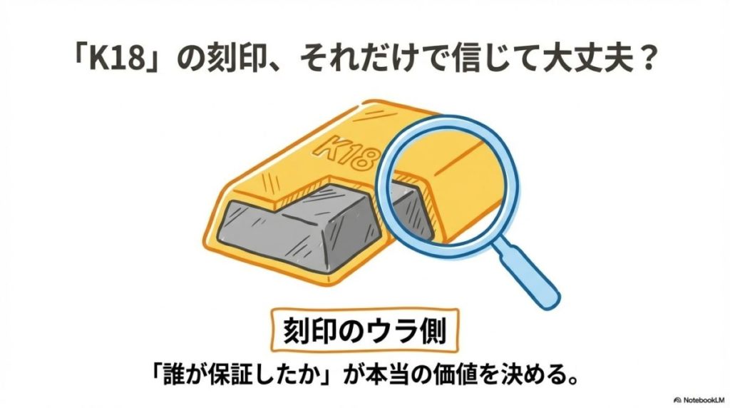 「その刻印、本当に信頼できる？品質を証明する「ホールマーク」の重要性」をテーマにした挿絵。日本の国旗と純度（千分率）が組み合わさった、信頼の証である「造幣局検定マーク」を拡大して見せているイメージ。