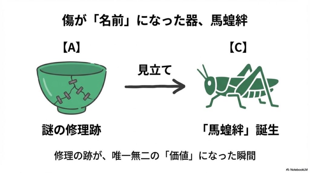 重要文化財である青磁の茶碗「馬蝗絆」。口縁から高台に伸びるひび割れ部分が、鉄製の鎹（かすがい）で修復され、その跡が蝗（いなご）のように見えている様子をクローズアップしている。