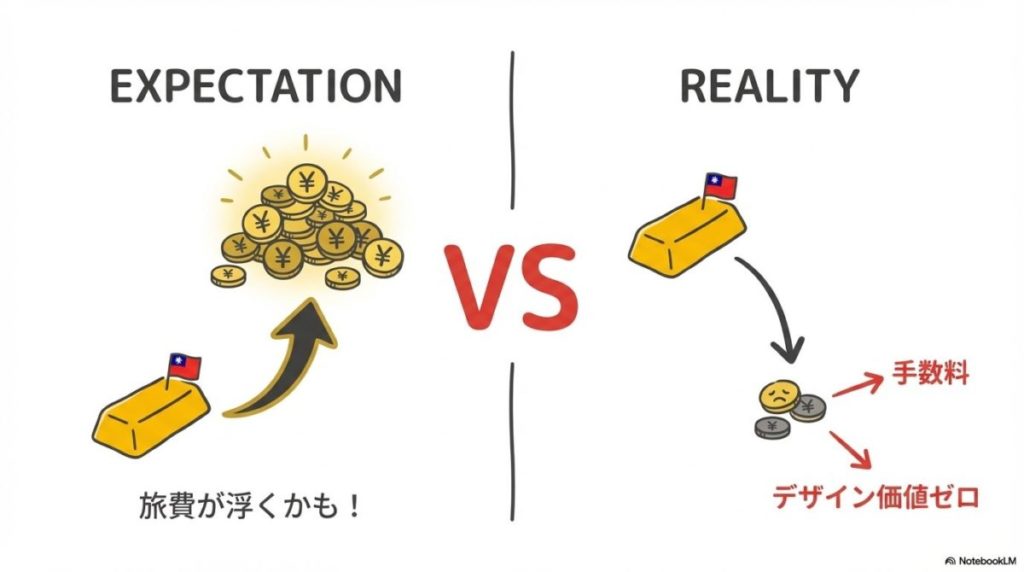 「【失敗談から学ぶ】台湾の金を日本で売却する際の買取査定リスク」をテーマにした挿絵。台湾で購入した華やかなデザインのジュエリーが、日本の買取店では「ノーブランドの地金（スクラップ）」として査定され、工賃分が評価に含まれない現実を象徴的に描いた比較図。