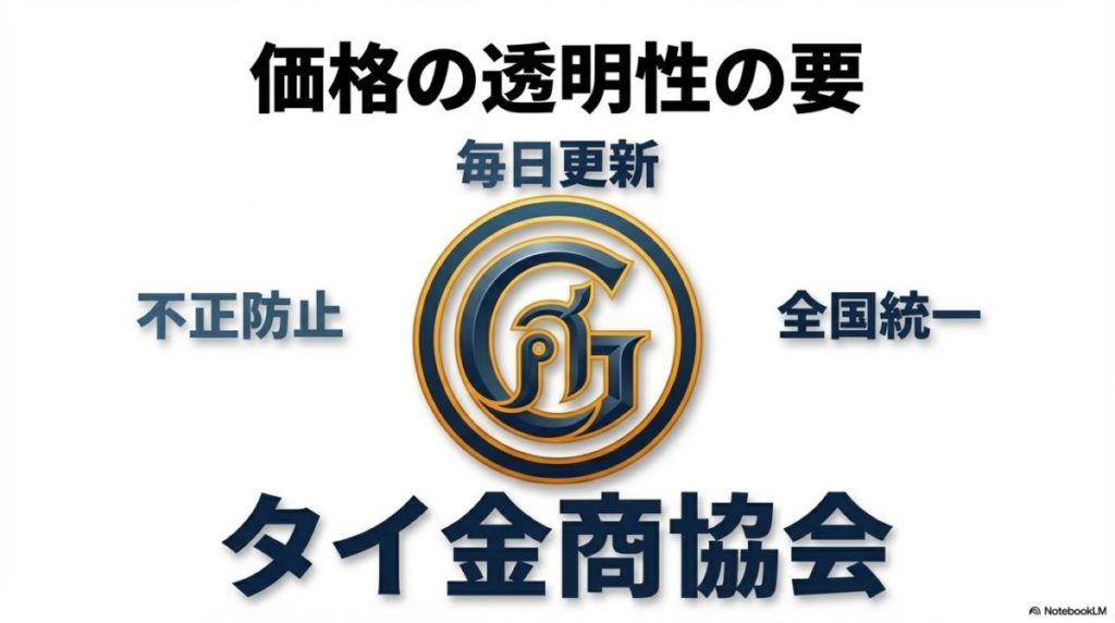 「価格の透明性の要「タイ金商協会」と公定価格の仕組み」をテーマにした挿絵。タイ金商協会を象徴するエンブレムの前に、ヤワラートの金行の店先に設置された、統一された価格を表示する電光掲示板の様子。