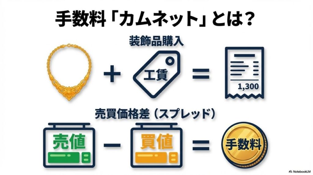 「バンコクの金行（ヤワラート）での購入・売却 実践ガイド」をテーマにした挿絵。赤と金で飾られたヤワラートの金行で、店員が客に金のネックレスを提示し、保証書を発行している様子。