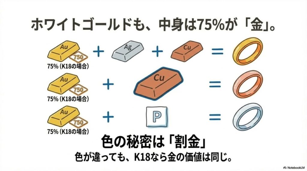 「ホワイトゴールドやピンクゴールドの純度はどう見る？金合金（アロイ）の基礎知識」をテーマにした挿絵。純金に混ぜる「割金」の種類によって、イエロー、ホワイト、ピンクと美しく変化するゴールドの色彩と、その中に含まれる75%の金の割合を視覚化したもの。