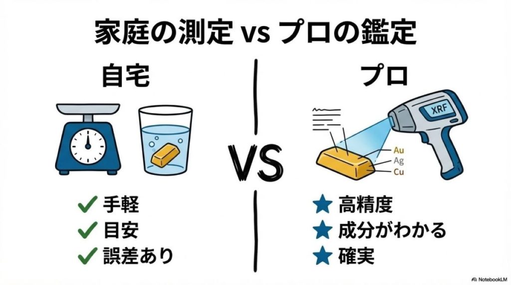 「プロの鑑定はどこまで正確？XRF分析と家庭での測定の決定的違い」をテーマにした挿絵。X線を照射して金属成分を分析する高精度な「XRF分析装置」と、家庭での簡易的な比重測定を比較し、プロが複数の手法を組み合わせて偽物を排除する仕組みを解説するイメージ図。