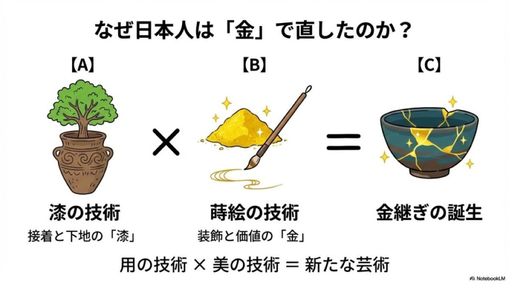 漆（うるし）で下地処理された修復跡の上に、筆を使って繊細に金粉を蒔きつけている様子。日本の蒔絵（まきえ）技術が金継ぎに応用されている過程を描写している。