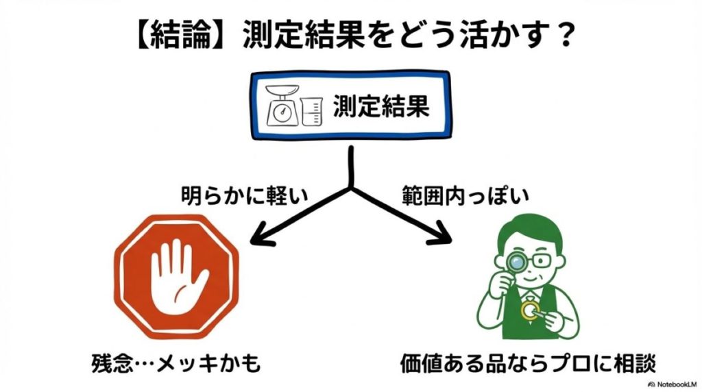 「【結論】測定結果をどう活かす？自分で調べた後の正しいアクション」をテーマにした挿絵。家庭での測定を「一次スクリーニング」と位置づけ、結果が妥当であっても高価な品はプロの鑑定士に相談するという、正しい資産管理のプロセスを示したフローチャート。