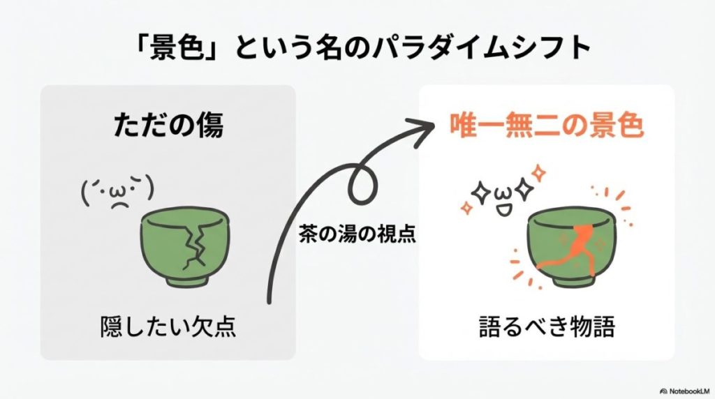 茶碗の表面に現れた金継ぎの金線が、山や川のような線状の「景色」として捉えられ、その不完全さや歪みが個性として光を放っている抽象的なイメージ。
