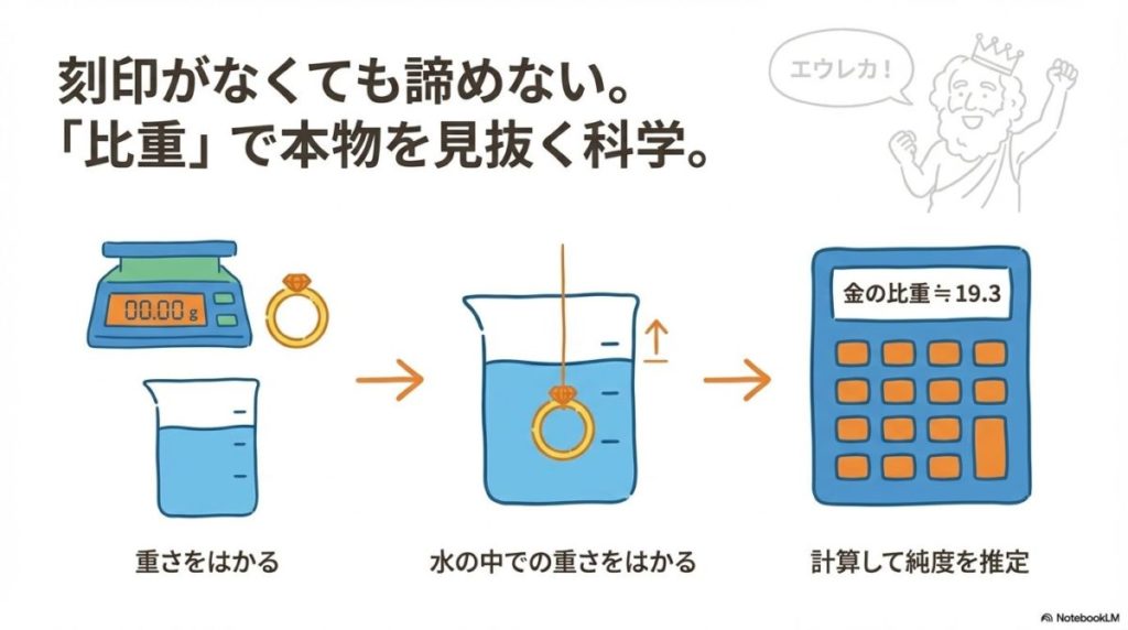 「科学的に純度を調べる。「比重」と金の関係性をわかりやすく解説」をテーマにした挿絵。アルキメデスの原理に基づき、水と計量器を使って金製品が「水の何倍重いか」を測定し、内部の純度を科学的に推定する様子。