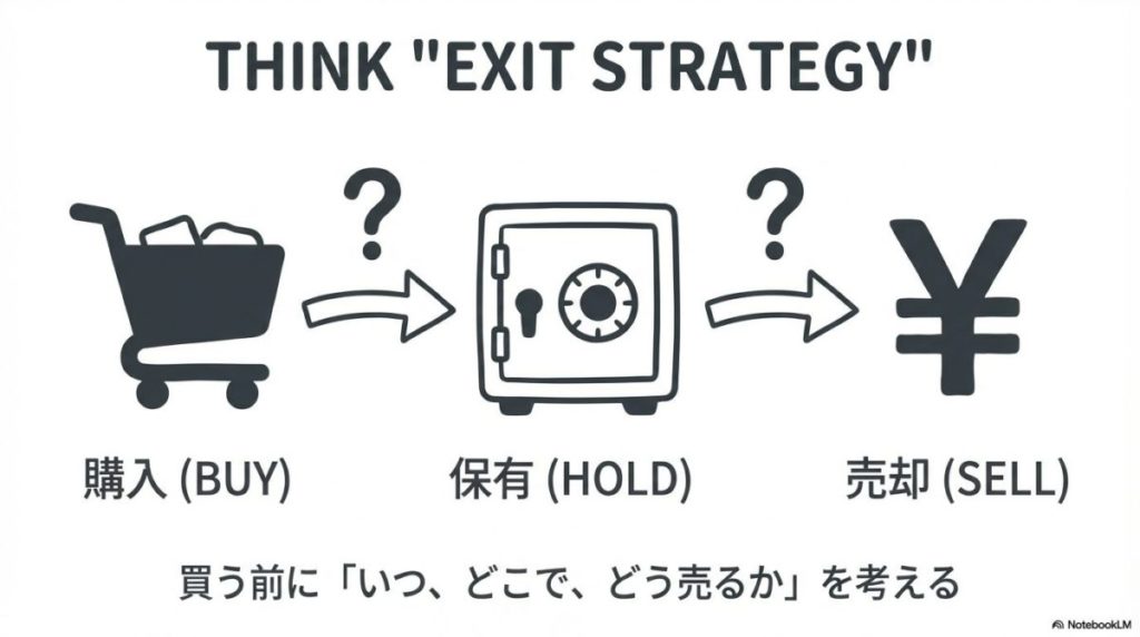 「【結論】台湾の金製品は「出口戦略」まで見据えて購入しよう」をテーマにした挿絵。お土産としての「旅の思い出」と、資産としての「日本での換金性」を天秤にかけ、将来の売却まで考慮して最適な金製品を選ぼうとしている投資家の思考プロセス。