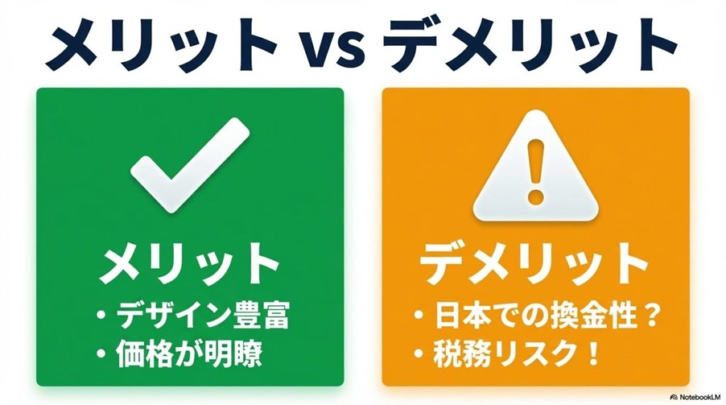 「タイで金を購入するメリットとデメリットを徹底比較」をテーマにした挿絵。天秤の片方に華やかなタイのデザインの金製品（メリット）、もう片方に日本円と税関のスタンプ（デメリット）が乗っている様子。