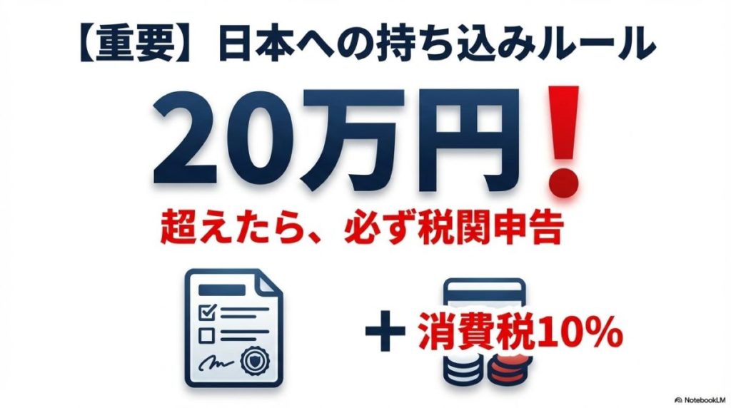 「【重要】タイで購入した金を日本へ持ち帰る際の注意点」をテーマにした挿絵。空港の税関ゲートで、旅行者が金製品を携行品申告書と共に提出し、税関職員が厳しくチェックしている様子。