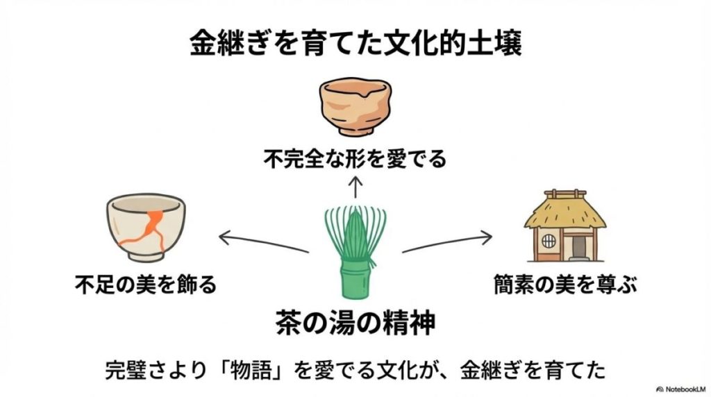 簡素で質素な茶室の中で、ひび割れを金継ぎされた茶碗を手に取り、わびさびの精神でその「不足の美」を深く鑑賞している茶人（千利休を連想させる人物）の姿。
