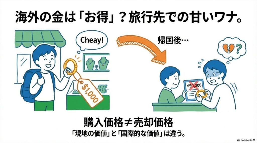 「海外の金は純度が違う？旅行前に知りたい国際基準と注意点」をテーマにした挿絵。アジア圏で使われる「千足金」などの独自表記と、日本の基準を比較した世界地図。海外で購入した金製品を国内で売却する際の手数料リスクを注意喚起するイメージ。