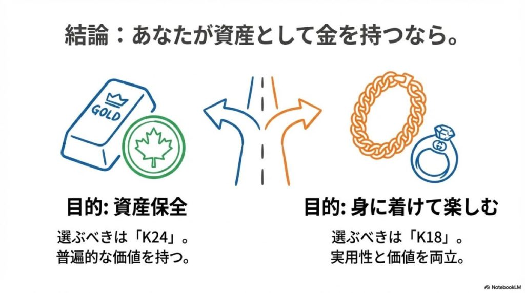 「【結論】資産として持つなら、どの純度の金を選ぶべきか？」をテーマにした挿絵。長期保全のための「K24インゴット」と、楽しみながら持つための「K18喜平ジュエリー」を、用途に合わせて選択する様子を描いた図。