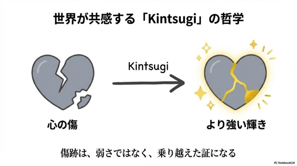 金継ぎされた陶器の線が、人間の内面の傷やトラウマを癒やし、それらを乗り越えて成長したことを象徴する明るい光の筋となって、世界に向けて発信されている抽象的なイメージ。