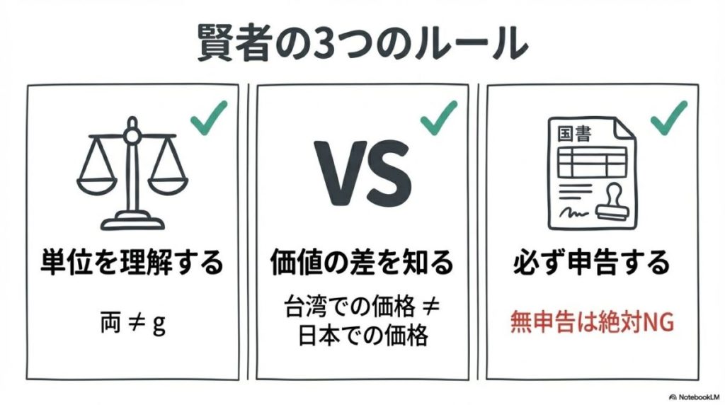 「まとめ：台湾の金、賢く手に入れて、賢く守ろう」をテーマにした挿絵。単位の正しい知識、保証書の保管、そしてルールに基づいた税関申告というステップを順守し、大切な資産をトラブルから守りつつ台湾の金を楽しむ様子をまとめたビジュアル。