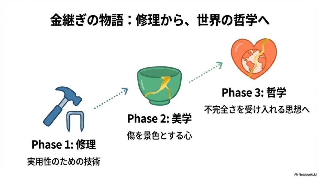 割れてバラバラだった器の破片が、金継ぎの金色の線によって再び一つにつながり、以前よりも強い生命力と輝きを持って再生した様子を象徴するビジュアル。