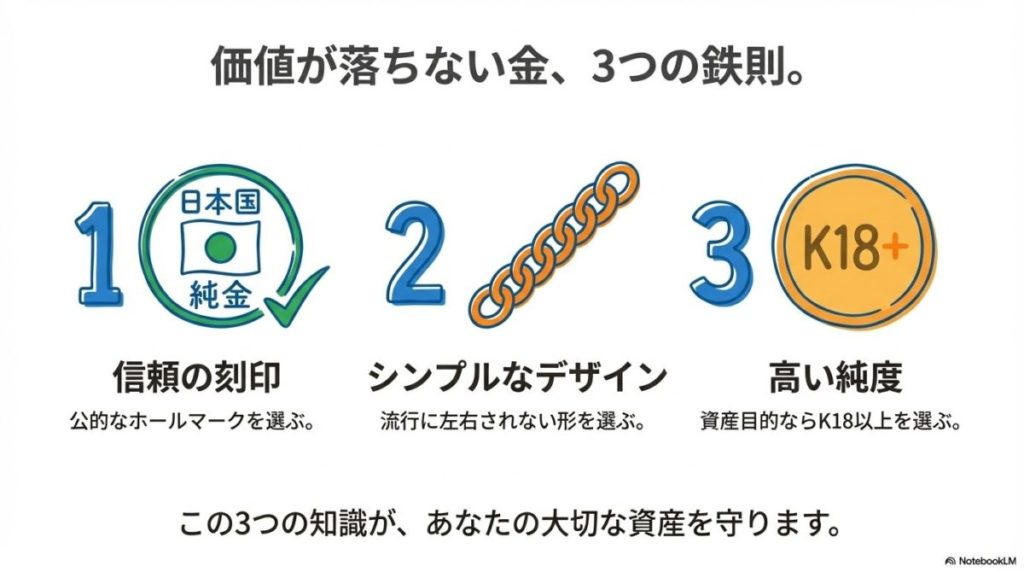「まとめ：正しい知識で、金の価値を最大限に引き出そう」をテーマにした挿絵。単位、刻印、ホールマーク、比重といった知識のピースが組み合わさり、大切な資産である金の価値を正しく判断できている投資家の自信に満ちたイメージ。