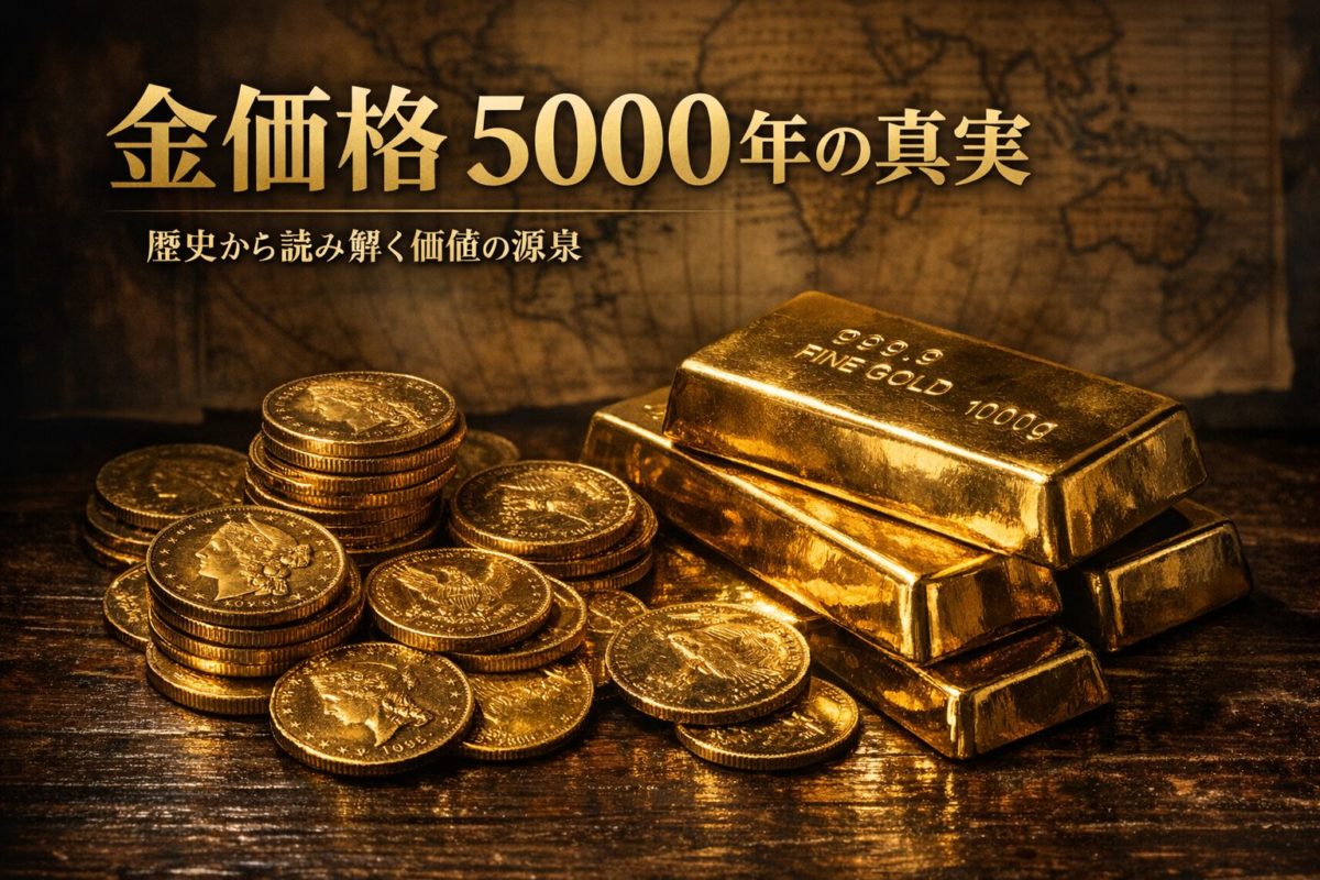 歴史を感じさせるアンティーク金貨と現代の純金バーが並ぶ重厚な一枚。この記事のテーマである「金価格 歴史」の変遷と、時代を超えて普遍的な価値を持ち続ける金の本質を象徴しています。