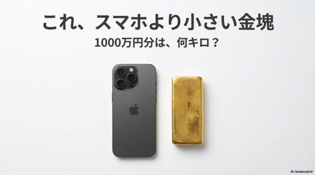 iPhone 15 Proと並べられ、より小さく見える1000万円分の金塊。この記事のテーマである「金 1000万円分 重さ」のコンパクトさと高価値を比較で示す一枚。