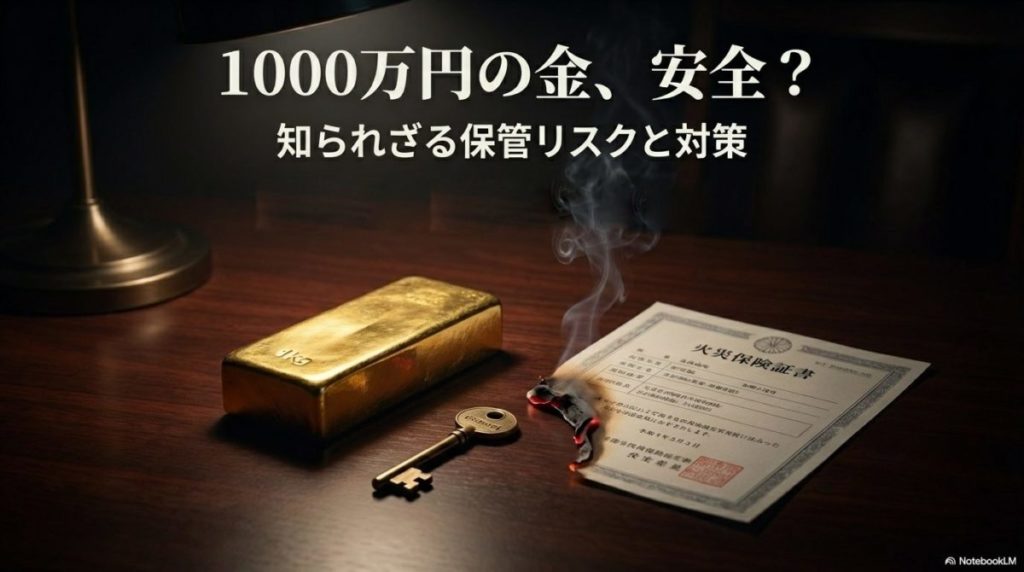 机に置かれた1000万円分の金塊と、銀行の貸金庫の鍵、燃える火災保険証書。この記事のテーマである「金 1000万円分 重さ」の保管リスクと対策の重要性を示す一枚。