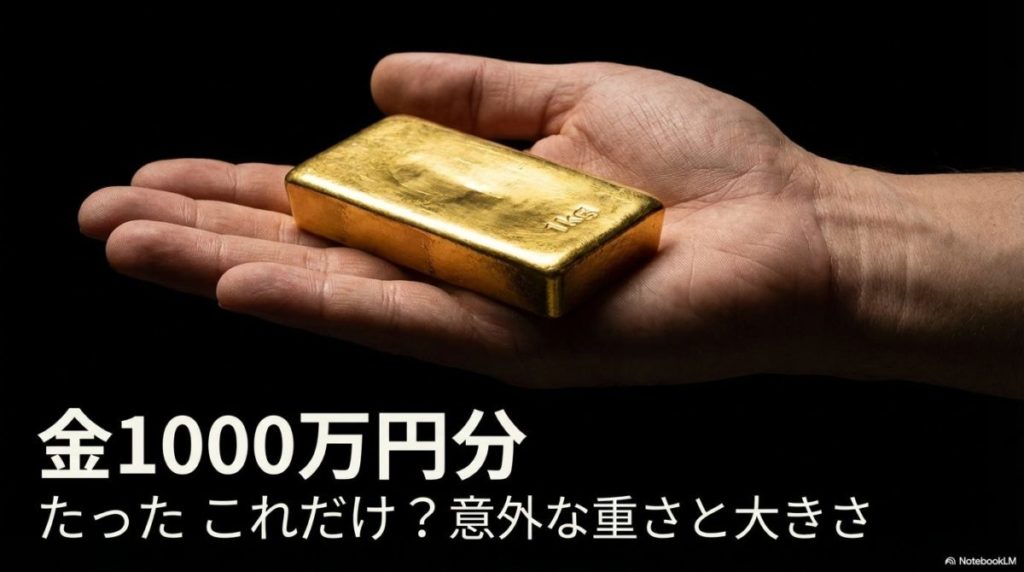 手のひらに載せられた、現在の金相場に対応する1000万円分の金塊（約1kg）。この記事のテーマである「金 1000万円分 重さ」の意外な小ささと重さを象徴する一枚。