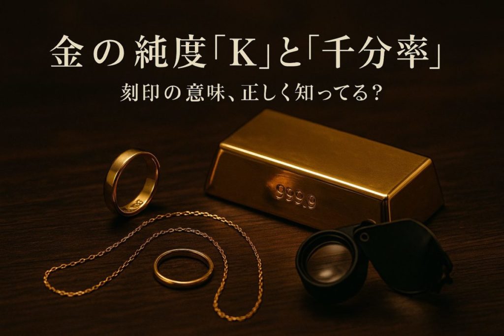 光沢のある金塊とK18リングが中央に配置された、高級感のあるフォトリアルな画像。この記事のテーマである「金 の 純度 を 表す 単位」の重要性を象徴する一枚。