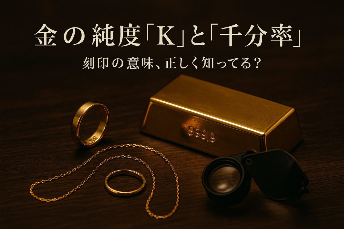 光沢のある金塊とK18リングが中央に配置された、高級感のあるフォトリアルな画像。この記事のテーマである「金 の 純度 を 表す 単位」の重要性を象徴する一枚。