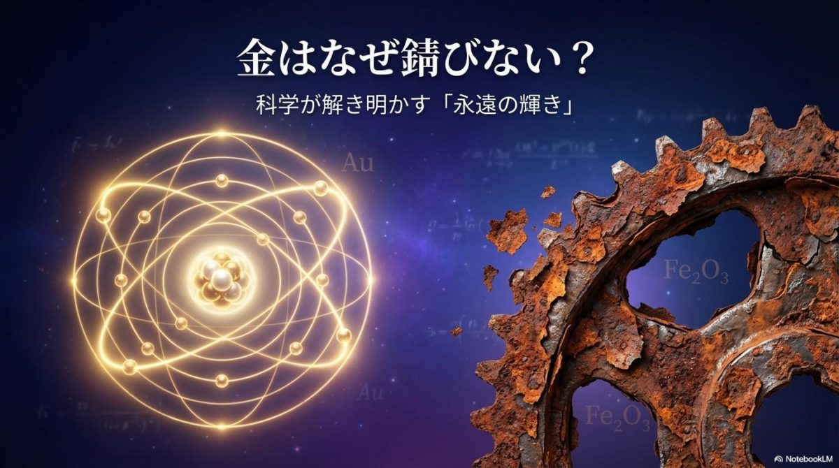 高解像度の金原子のイラストと錆びた鉄の物体が対比されている。この記事のテーマである「金 錆びない 理由」を象徴する一枚。